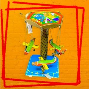 Vintage Rare Kurt Adler Tin Carinval Flying Airplanes Ride, Orig Tag Ornament